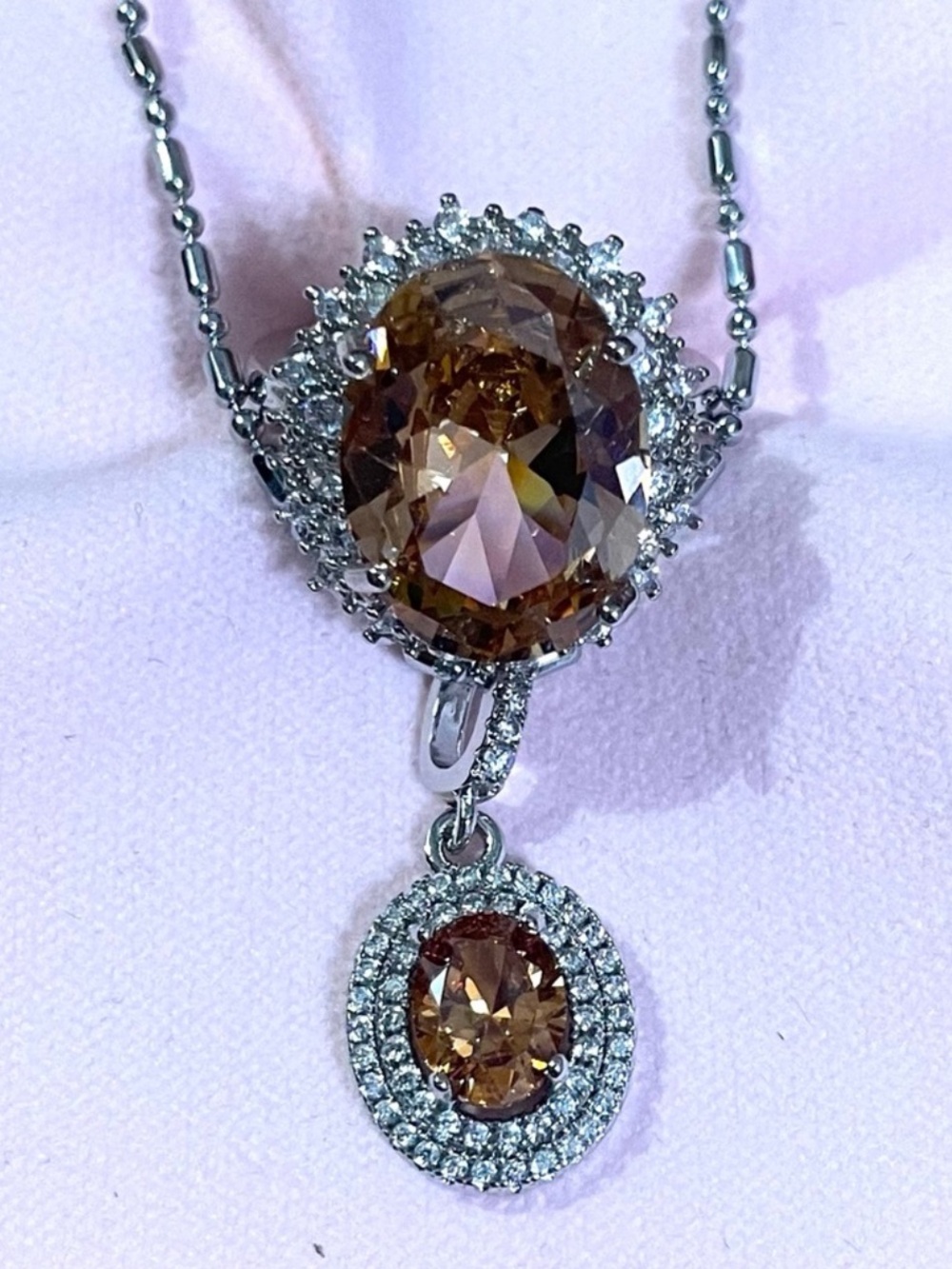 NEW Huge Oval Morganite Diamond Halo Silver Ring & Necklace 18”